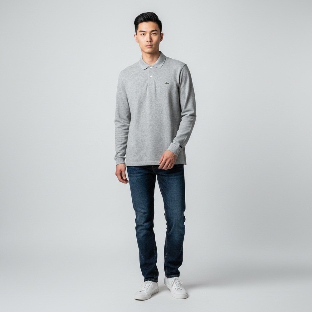 Lacoste Long Sleeve Polo 9 Grey Pique Crocodile Logo Preppy Layering Normcore